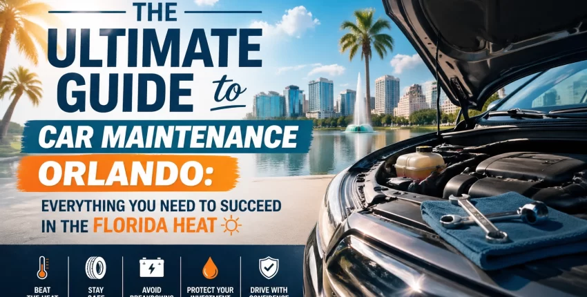 The Ultimate Guide to Car Maintenance in Orlando Florida infographic featuring city skyline