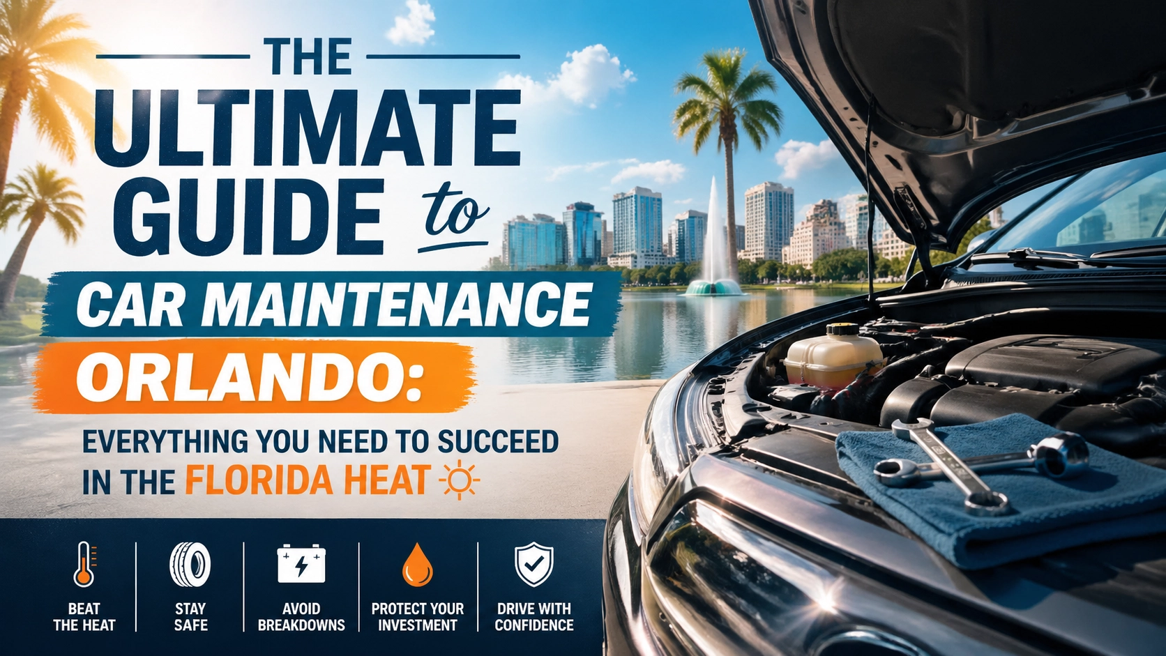 The Ultimate Guide to Car Maintenance in Orlando Florida infographic featuring city skyline